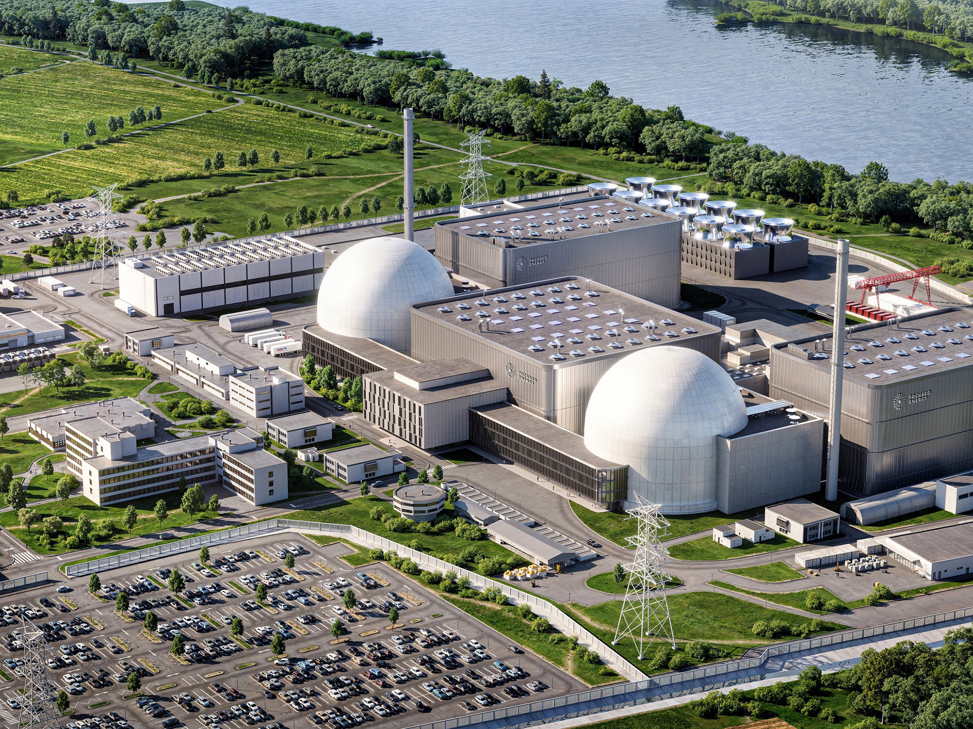 Visualisierung eines Kraftwerksgeländes mit von „Focused Energy“ aus der Vogelperspektive: zwei weiße Kuppelgebäude und große graue Hallen, davor ein großer Parkplatz und Grünflächen.